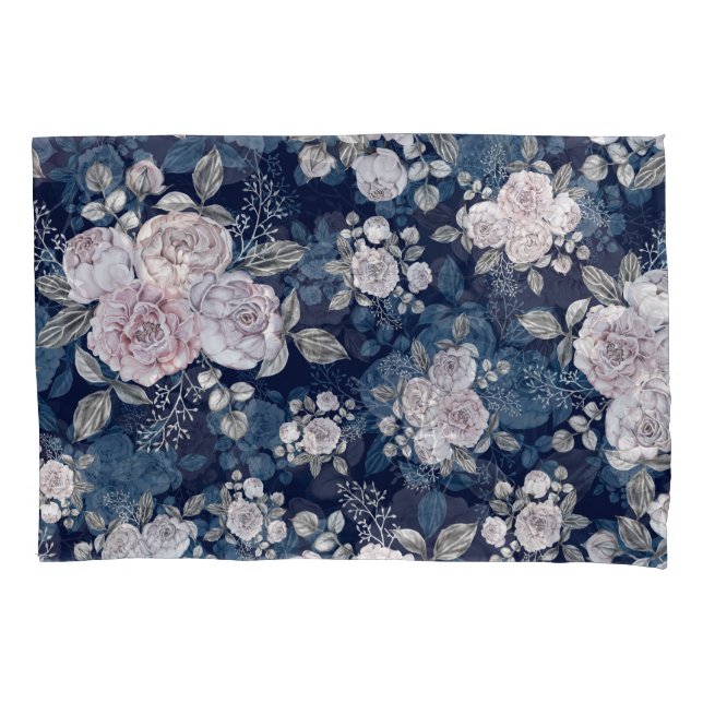 Pink Roses Dark Blue: Vintage Pillow Case (Front)