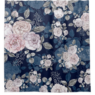 Pink Roses Dark Blue: Vintage Shower Curtain