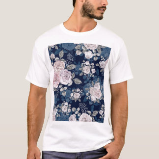 Pink Roses Dark Blue: Vintage T-Shirt