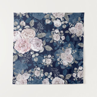Pink Roses Dark Blue: Vintage Tapestry