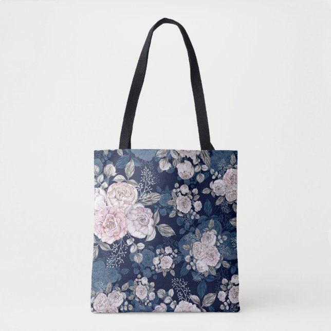Pink Roses Dark Blue: Vintage Tote Bag (Front)