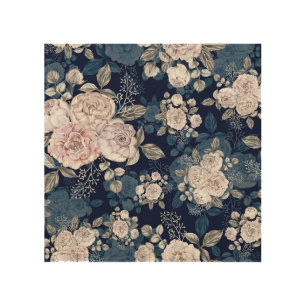 Pink Roses Dark Blue: Vintage Wood Wall Art