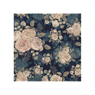 Pink Roses Dark Blue: Vintage Wood Wall Art