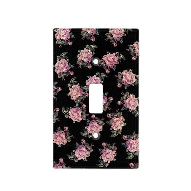 Pink Roses Dark Floral Pattern Shabby Chic Light Switch Cover (Front)