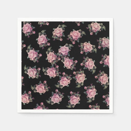 Pink Roses Dark Floral Pattern Shabby Chic Party Napkins