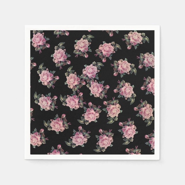 Pink Roses Dark Floral Pattern Shabby Chic Party Napkins (Front)