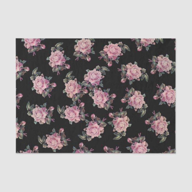 Pink Roses Dark Floral Pattern Shabby Chic Party Tissue Paper (Front)