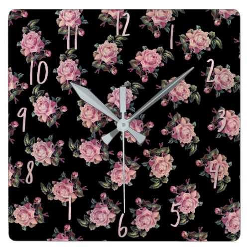 Pink Roses Dark Floral Pattern Shabby Chic Square Wall Clock