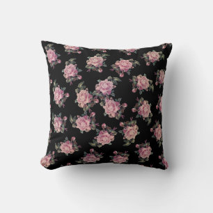 Pink Roses Dark Floral Pattern Shabby Chic Throw Pillow