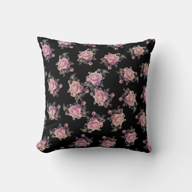 Pink Roses Dark Floral Pattern Shabby Chic Throw Pillow (Front)