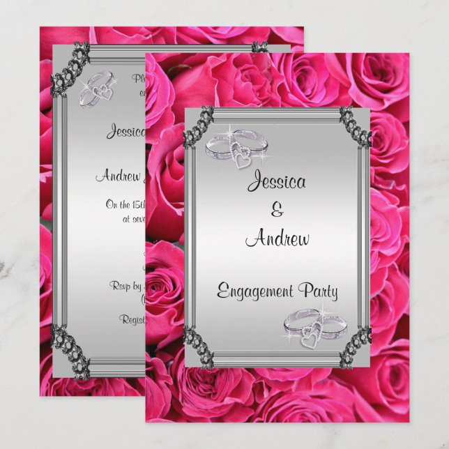 Pink Roses & Diamond Wedding Rings Engagement Invitation (Front/Back)
