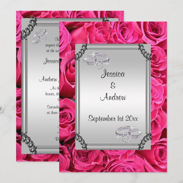 Pink Roses & Diamond Wedding Rings Invitation (Front/Back)