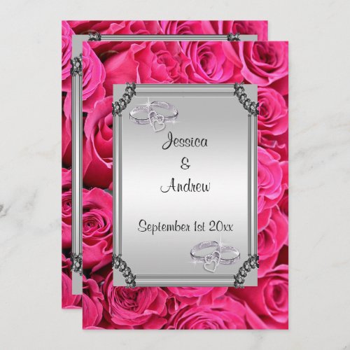 Pink Roses  Diamond Wedding Rings Invitation
