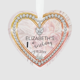 Pink Roses Diamonds 1st Birthday Keepsake Ornamen Ornament