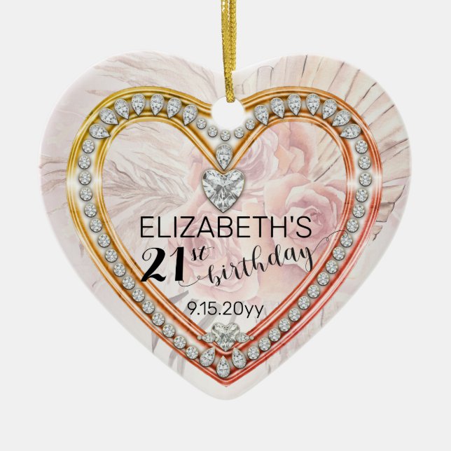 Pink Roses |Diamonds 21st Birthday Keepsake Orname Ceramic Ornament (Front)