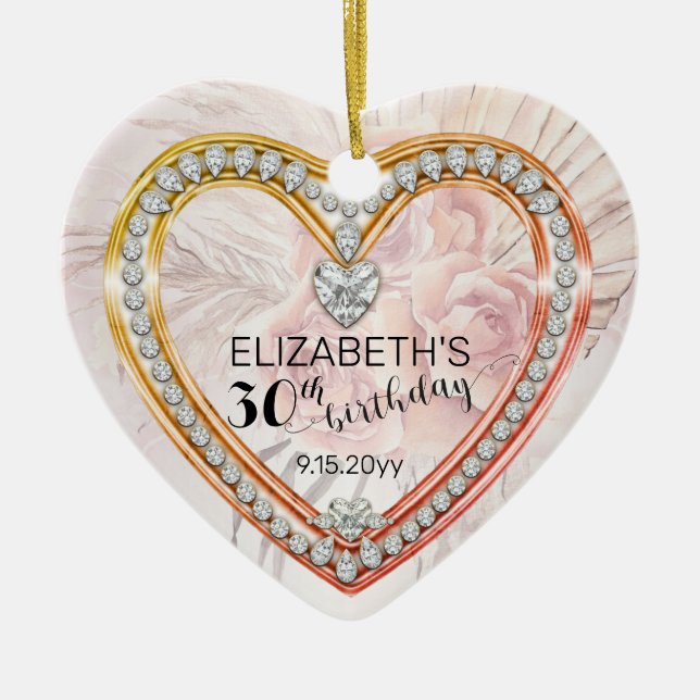 Pink Roses |Diamonds 30th Birthday Keepsake Ceramic Ornament (Front)