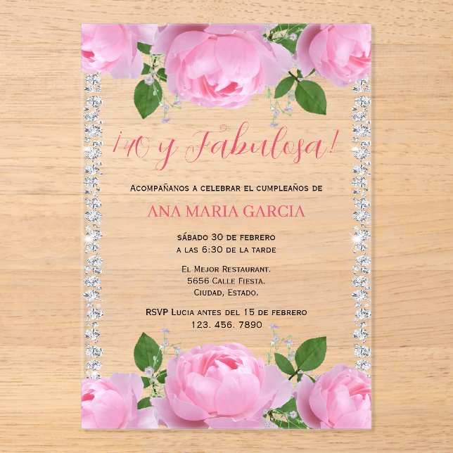 Pink Roses & Diamonds 40th Birthday Spanish Acrylic Invitations (Front)
