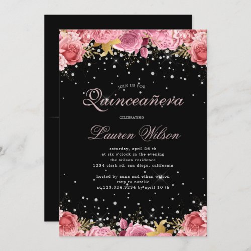 pink roses diamonds elegant Quinceanera Invitation