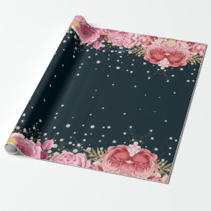 pink roses diamonds navy blue elegant wrapping paper