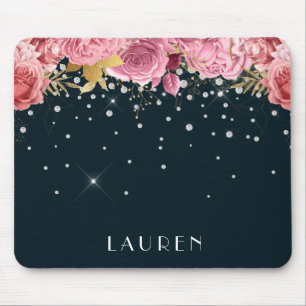 pink roses diamonds sophisticated sparkle monogram mouse pad