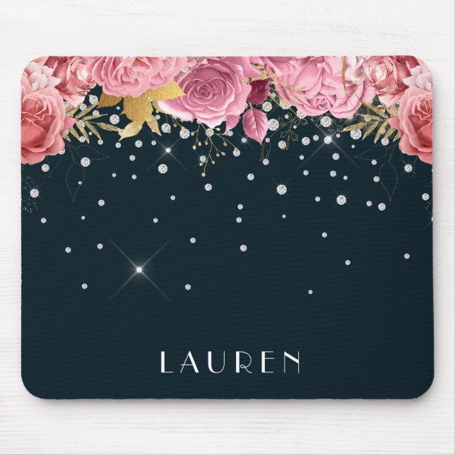 pink roses diamonds sophisticated sparkle monogram mouse pad (Front)