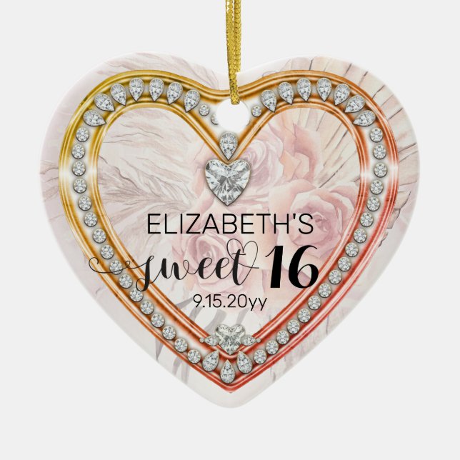 Pink Roses |Diamonds Sweet 16 Keepsake Ornament (Front)