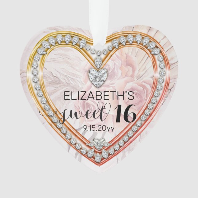 Pink Roses |Diamonds Sweet 16 Keepsake Ornament (Front)