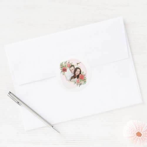 Pink Roses  Dragonfly Photo Classic Round Sticker