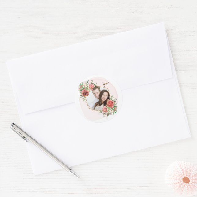 Pink Roses & Dragonfly Photo Classic Round Sticker (Envelope)