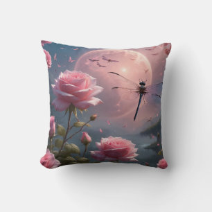 Pink Roses & Dragonfly Throw Pillow