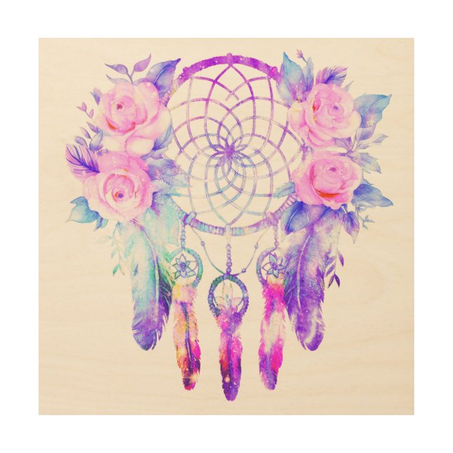 Pink Roses Dreamcatcher Floral Dreams Wood Wall Art (Front)