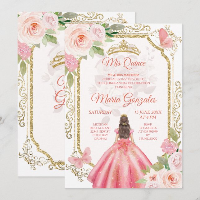 Pink Roses & Dress Charra Mis Quince Invitation (Front/Back)