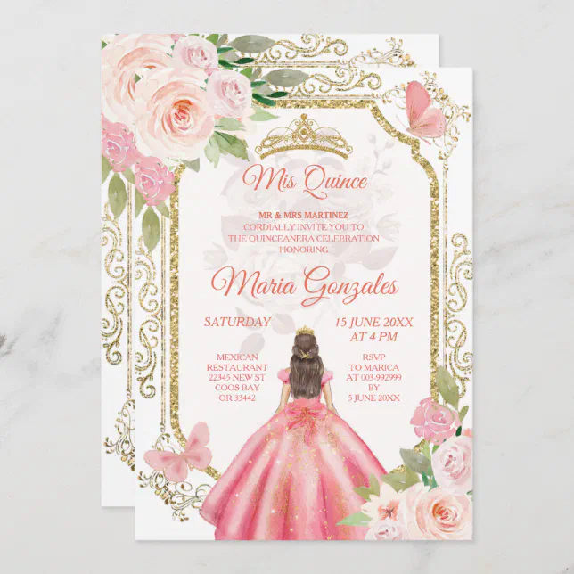 Pink Roses & Dress Charra Mis Quince Invitation | Zazzle