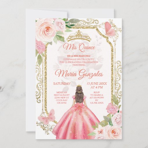 Pink Roses & Dress Charra Mis Quince Invitation | Zazzle