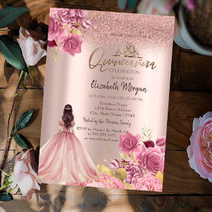 Pink Roses Dress Glitter Rose Gold Quinceañera Invitation