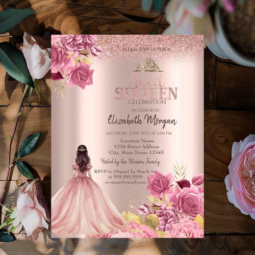 Pink Roses Dress Glitter Rose Gold  Sweet 16 Invitation