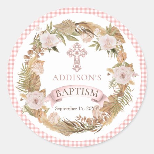 Pink Roses  Dried Grasses Flora Girl Baptism  Classic Round Sticker