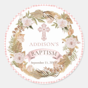 Pink Roses Dried Grasses Flora Girl Baptism Classic Round Sticker