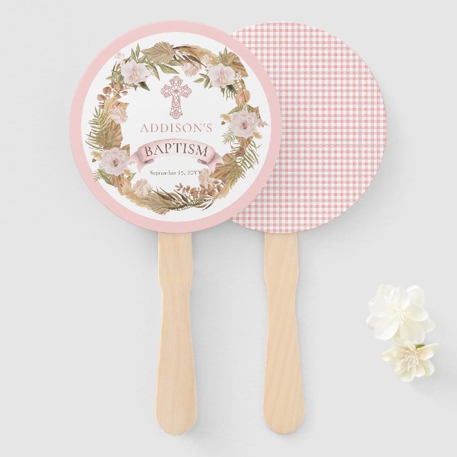Pink Roses | Dried Grasses Flora Girl Baptism Hand Fan (Front and Back)