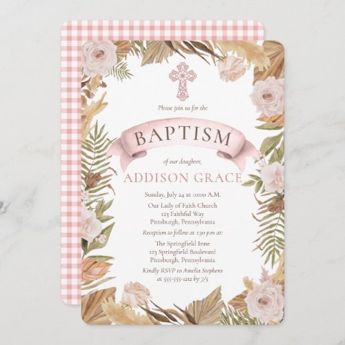 Pink Roses  Dried Grasses Flora Girl Baptism Invitation