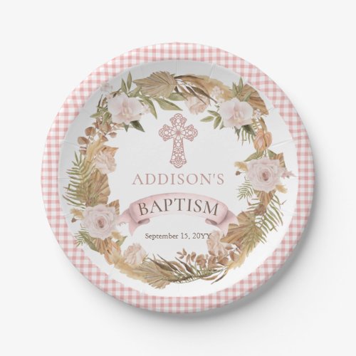 Pink Roses  Dried Grasses Flora Girl Baptism Paper Plates