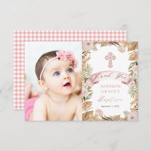 Pink Roses Dried Grasses Flora Girl Baptism Photo Thank You Card
