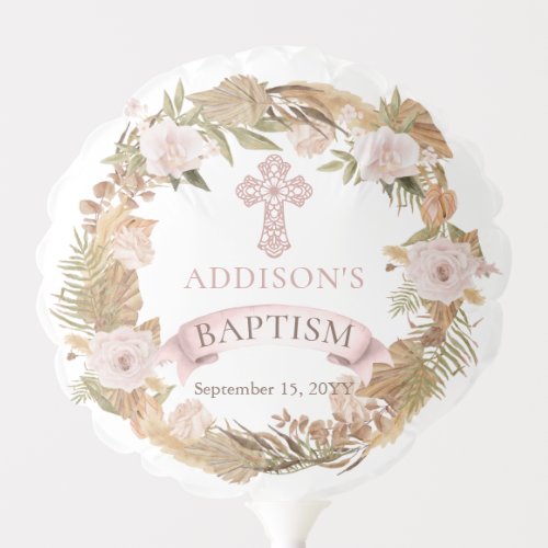 Pink Roses  Dried Grasses Floral Girl Baptism  Balloon