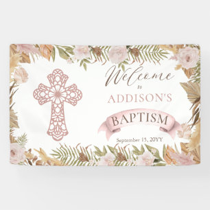 Pink Roses  Dried Grasses Floral Girl Baptism Banner