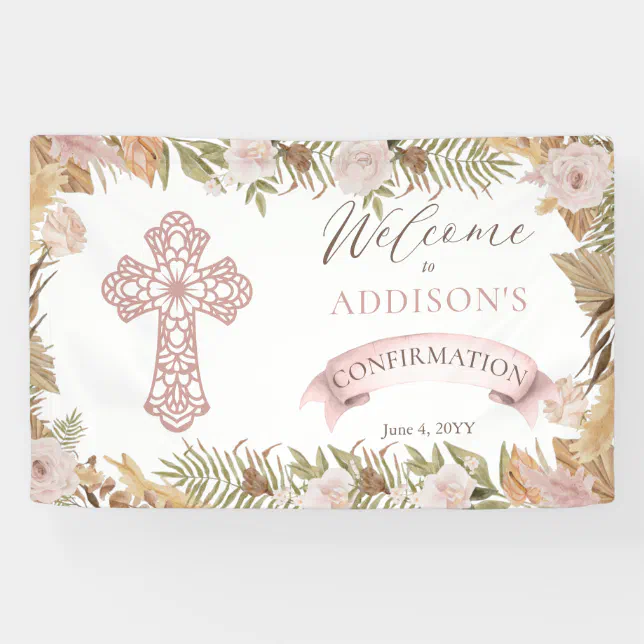 Pink Roses |Dried Grasses Floral Girl Confirmation Banner | Zazzle