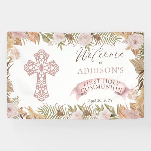 Pink Roses Dried Grasses Girl First Holy Communion Banner