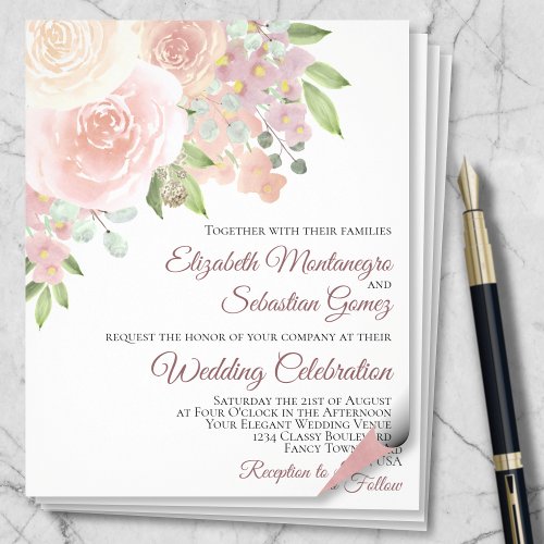 Pink Roses Elegant Boho PAPER Wedding Invite Flyer