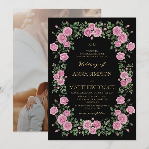 Pink  Roses Elegant Botanical Frame Wedding  Invitation