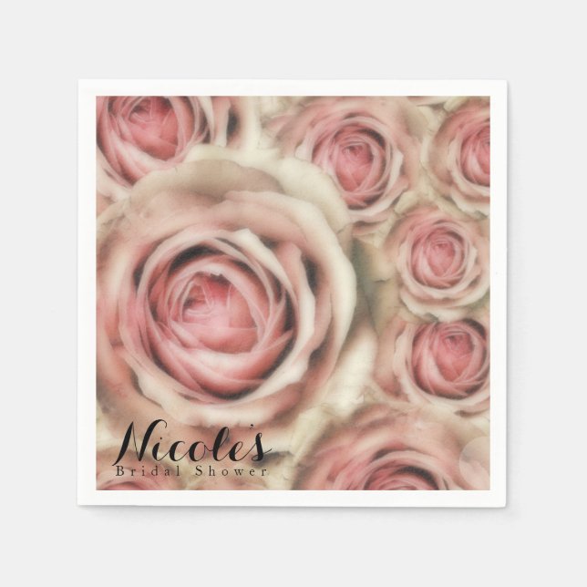 Pink Roses Elegant Bridal Shower Floral Party Paper Napkins (Front)