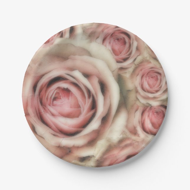Pink Roses Elegant Bridal Shower Floral Party Paper Plates (Front)
